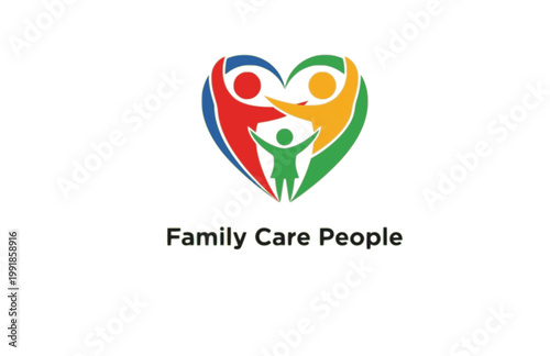 Family Care People Logo Template. Flat Vector Graphic of Two Adults and a Child in Heart Shape for Health and Community.