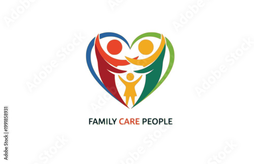 Family Care People Logo Template. Flat Vector Graphic of Two Adults and a Child in Heart Shape for Health and Community.
