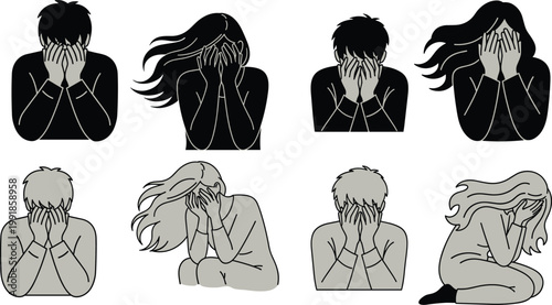 Stylized illustration of people sitting with heads in hands, expressive artwork showing emotional struggle, contemplation, and introspection in dark and light variations