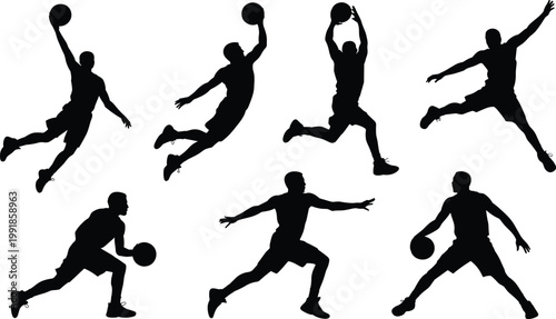 Basketball player silhouettes in dynamic poses, dunking, dribbling, jumping, black vector illustration showing athletic energy, sport motion art for SEO
