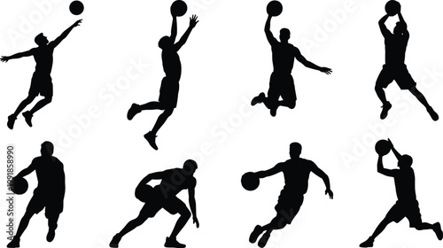 Basketball player silhouettes showing dribbling, shooting, dunking, jumping, and athletic motion for dynamic sport action vector illustration design
