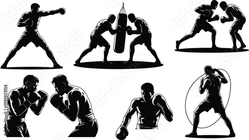 Boxing training and competition silhouettes showing punching, sparring, jump rope, fitness workout, athletic movement, and sports vector illustration artwork