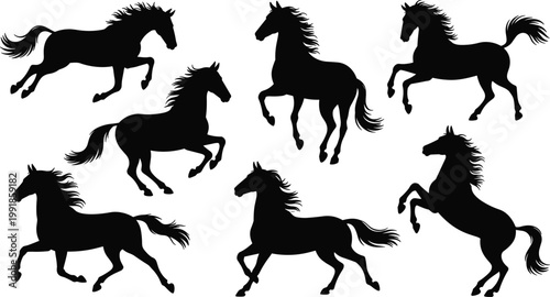 Dynamic black horse silhouettes in motion, galloping, running, rearing, equestrian energy, animal grace, vector illustration for stock content SEO
