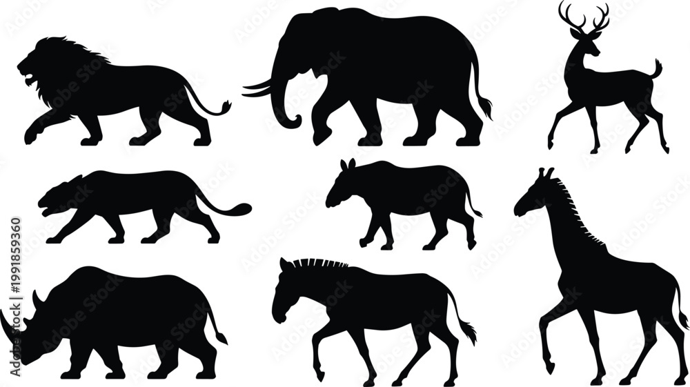 Fototapeta premium Wild animal silhouettes including lion, elephant, deer, tiger, tapir, rhinoceros, zebra, giraffe vector illustration isolated for design decoration