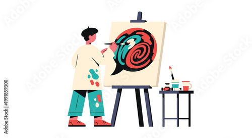 Illustration of artist painting abstract art on canvas, creative workspace with easel and paints, modern artistic expression