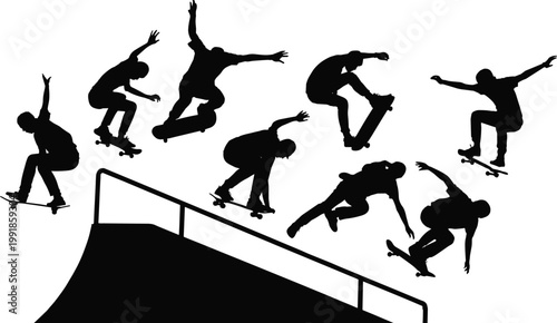 Skateboarding ramp silhouettes showing tricks, flips, jumps, balance, coordination, and extreme sport motion for urban lifestyle vector illustration design