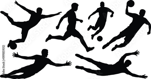 Soccer and basketball player silhouettes in dynamic action poses, dribbling, kicking, dunking, goalkeeping, black vector sport illustration for SEO