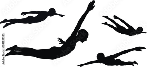 Swimming and diving silhouettes of athletes in motion, black vector illustration showing fluid strokes, dynamic water sport art for stock SEO