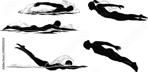 Swimming and diving silhouettes showing front crawl, breaststroke, butterfly stroke, and streamlined dive motion for aquatic sport vector illustration design