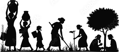 Traditional rural community silhouettes showing daily life activities, farming, carrying pots, working, and resting under tree in vector illustration