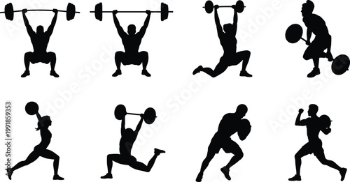 Weightlifting and fitness silhouettes showing squats, lunges, overhead lifts, barbell training, strength exercise, athletic motion, and workout vector illustration artwork