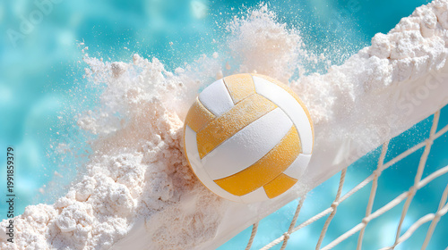 Volleyball resting on a sandy beach near a net, with turquoise water and sunlight creating a vibrant summer atmosphere. Selective focus