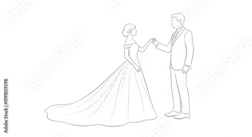 Elegant wedding couple holding hands in a sketch style.