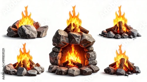 Various cartoon campfires with bright orange flames, burning wood and dark rocks on a white background