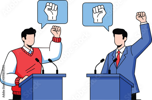 Political Candidates Debating on Stage with Raised Fists for Election Campaigning, Public Speaking, Democratic Voting, Social Justice Movements, and Government Leadership Presentations