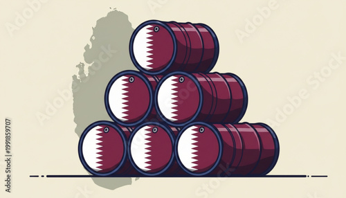 State of Qatar Petroleum and LNG Industry Illustration: Stacked Barrels Featuring Qatari Flag and National Map Background for Economic Concepts.