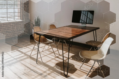 Принти на полотні Computer monitor on a wooden table remix