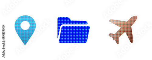 halftone dot icons set, location pin gps marker, blue folder office file, orange airplane travel symbol, pop art holiday elements, retro comic graphic design, isolated vector icon collection