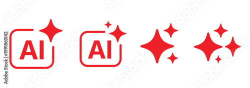 Set of generated AI icons. AI star symbol with a pointed and rounded tip. AI logotype. Artificial intelligence concept. Icon element for app and web. AI icon with shield protected. AI star icon. EPS10