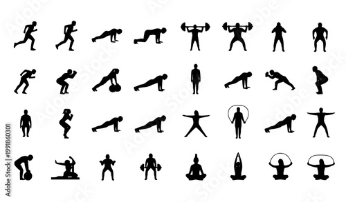 Fitness Exercise Icons Set Workout Silhouettes Running Pushups Weightlifting Yoga Vector