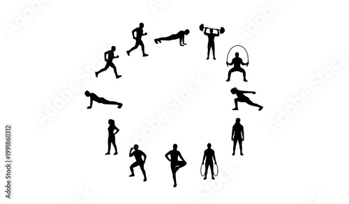 Circular Fitness Workout Icons Exercise Silhouettes Running Plank Jump Rope Vector