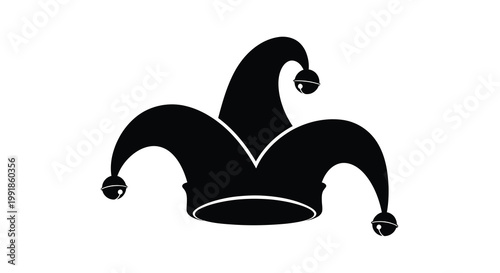 A black silhouette of a jester s hat with three points and bells