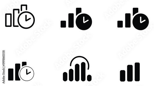 Real time dashboard icons set, collection of analytics and monitoring symbols representing live data, charts, graphs, alerts, and performance metrics, vector illustration