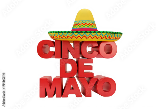 Cinco de Mayo Red Text Stacked with Traditional Mexican Sombrero Hat