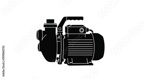 Silhouette of a black water pump with a motor and connecting ports