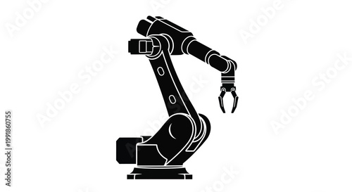 A stark black silhouette of an industrial robotic arm with a gripper