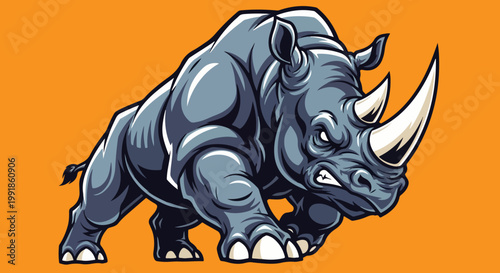 Powerful rhinoceros mascot vector illustration, aggressive charging rhino sports logo, muscular grey rhinoceros character on orange background