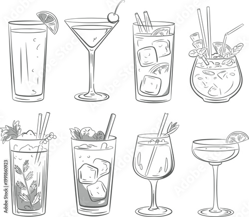 Cocktail drinks set hand drawn sketch beverages glasses bar menu illustration