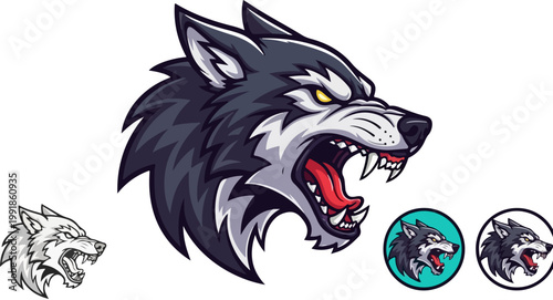 Aggressive wolf mascot head vector, angry werewolf sports logo with sharp teeth, fierce predator profile for gaming and esports branding