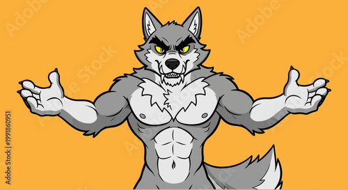 Muscular werewolf cartoon character, strong anthropomorphic wolf mascot with open arms, fierce gray werewolf vector illustration for sports logos