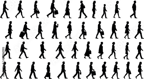 Collection of black walking silhouettes arranged in rows, highlighting diverse human gait, posture variation, clothing styles, and pedestrian lifestyle illustration reference