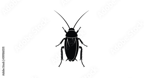 A black silhouette of a cockroach on a plain white background
