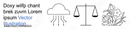 Technology, justice, nature, legal systems, eco-concepts, and digital innovation. A cloud with circuits, a justice scale and blooming flowers. Technology and justice concept