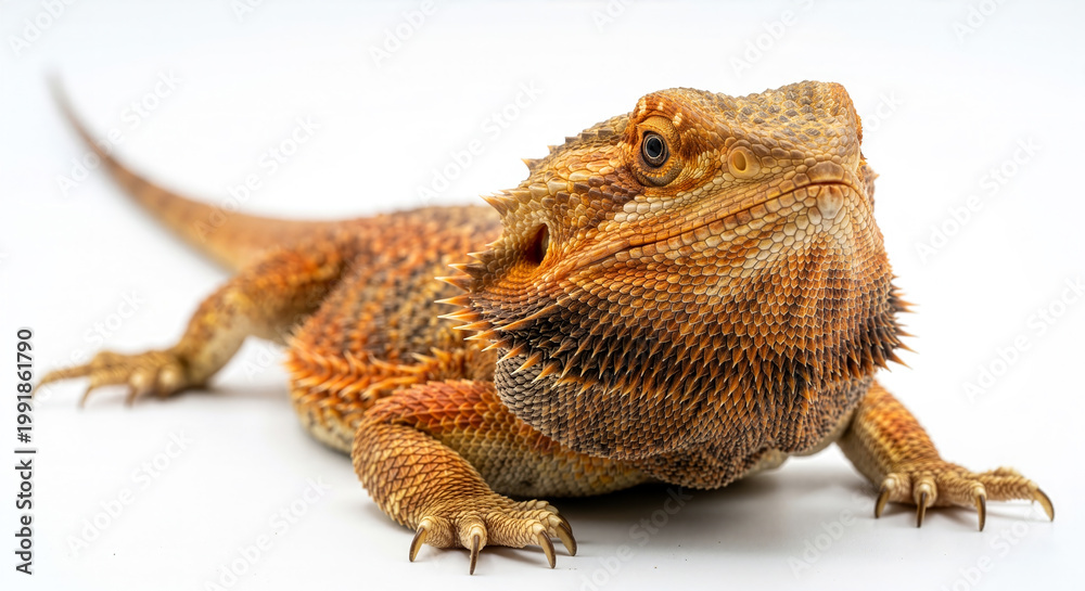 Obraz premium Bearded dragon lizard on white background with wildlife quadruped close-up studio shot creature