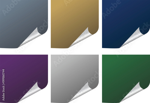 Fotografia Colorful square paper banners with curled corners and silver metallic peel on da