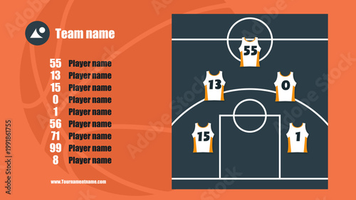 Basketball lineup vector template with team player jerseys on court, sport match formation and starting five strategy infographic isolated on orange background