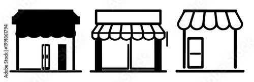 Franchise shop icon set with solid black vector design featuring franchise, retail, storefront icons with white background and minimalist illustration
