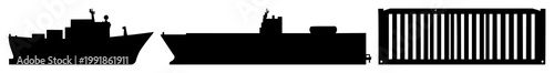 Maritime shipping container set with solid black icon on white background featuring package, logistics, transport with container and cargo