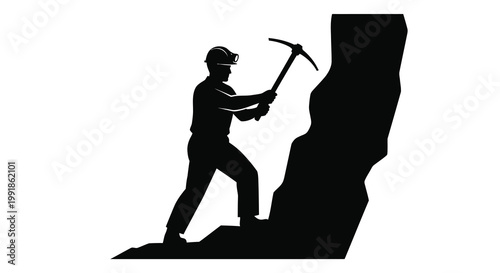 Silhouette of a miner swinging a pickaxe at a rock face