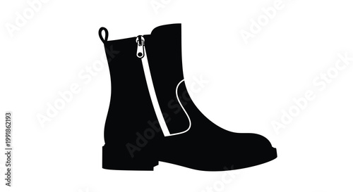 A black and white silhouette of a stylish ankle boot with a zipper