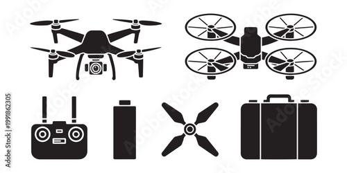 Drone and Remote Control Icons Set Vector Illustration with Quadcopter Controller Battery Propeller and Case in Minimal Flat Style