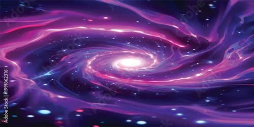 A vibrant abstract fractal background featuring a purple and blue spiral galaxy design with swirling light patterns, glowing stars, and motion energy textures in a circular space vortex wallpaper