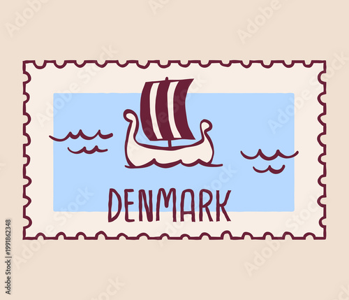Hand-drawn Denmark postage stamp with a Viking ship on the sea. Nordic travel symbol in retro style, perfect for tourism design, posters, branding, and souvenirs.