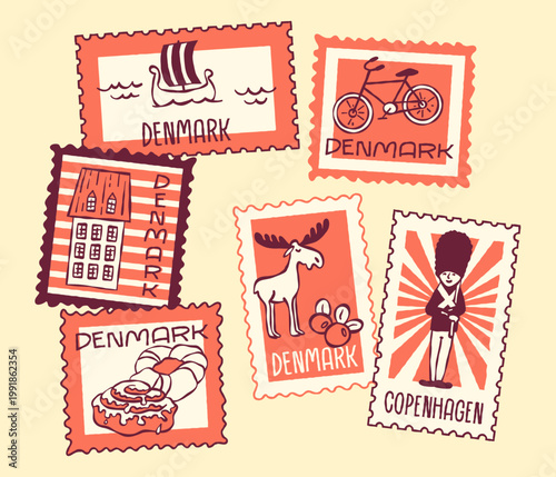 Hand-drawn Denmark postage stamp set with a Viking ship, a bicycle, a moose, a pastry, a guard, and Copenhagen. Scandinavian travel icons in retro style for branding, posters, stickers, and souvenirs.