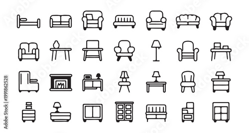 Collection of furniture icons for interior design and home decoration vector set.