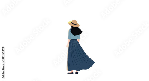 Woman in blue dress, straw hat, vector illustration, fashion icon, minimalist style